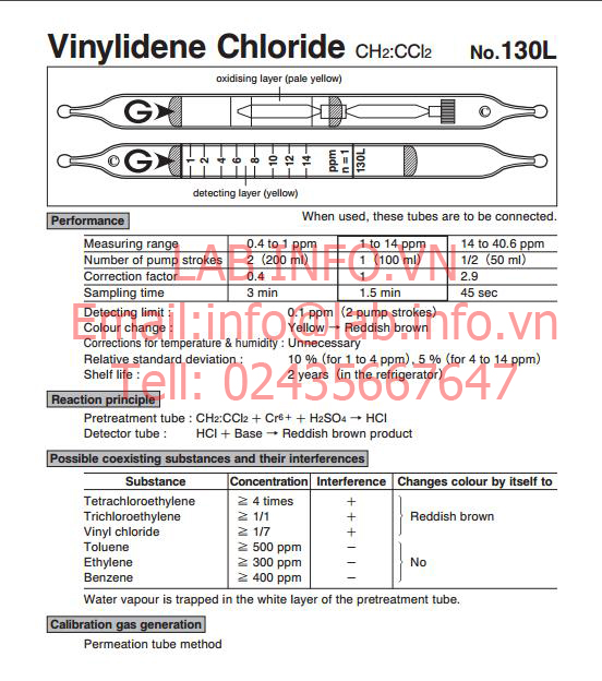 Ống phát hiện nhanh hơi khí độc Vinylidene chloride Gastec 130L