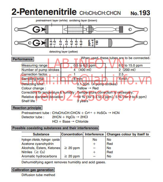 Ống phát hiện nhanh khí 2-Pentenenitrile CH3CH2CH=CHCN Gastec