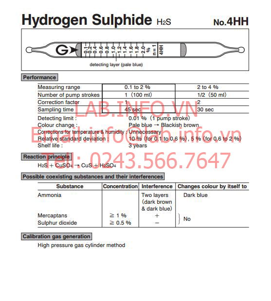 Ống phát hiện khí nhanh hydrogen sulphide H2S 4HH