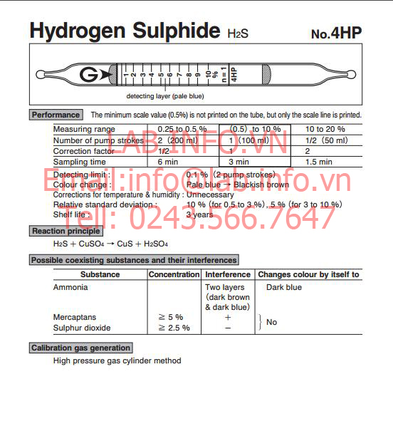 Ống phát hiện khí nhanh hydrogen sulphide H2S 4HP